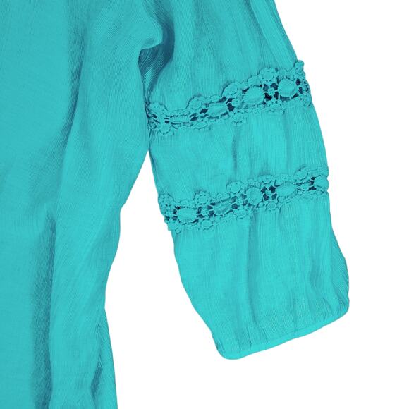 grand & greene Top sz 1X Women Aqua Blue Pink Peasant Boho Fairy Balloon Sleeves - Picture 13 of 14